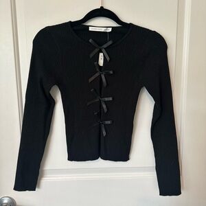 Altar'd State Black Long Sleeve Tie Front Bow Top, Women’s XS